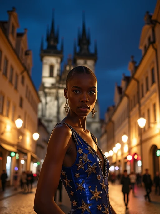 model in Prague's Old Town Square at night, surrounded by the iconic gothic architecture, wearing if(gender=f){a glamorous blue sequined dress with gold star patterns} if(gender=m){a stylish modern suit with European flag pocket square}, the historic astronomical clock and cobblestone streets creating a magical European atmosphere