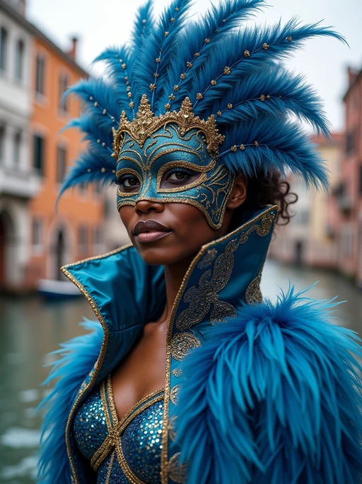 model at Carnival in Venice, wearing if(gender=f){a dazzling blue and gold masquerade outfit with star-spangled feathers} if(gender=m){an elegant costume with European colors and gold mask}, surrounded by historic architecture and canals, embodying European cultural tradition