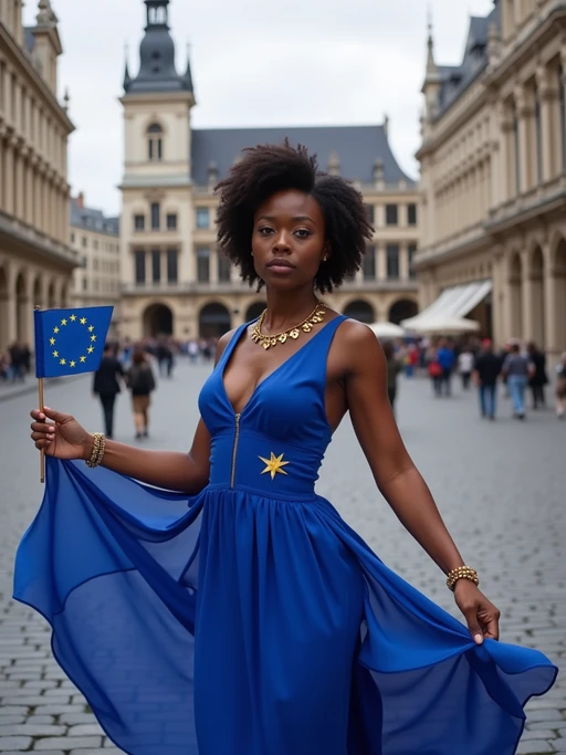 model in Brussels at the Grand Place, wearing if(gender=f){a flowing blue dress with gold star accessories} if(gender=m){a tailored suit with European flag tie}, holding a small European flag, the ornate historic buildings creating a picturesque European backdrop
