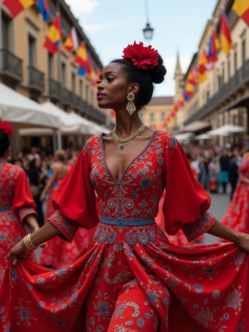 model at a Spanish flamenco festival, wearing if(gender=f){a vibrant red dress with blue and gold accessories} if(gender=m){a smart outfit with European blue tie}, surrounded by dancers and musicians, historic plaza decorated with European flags and flowers