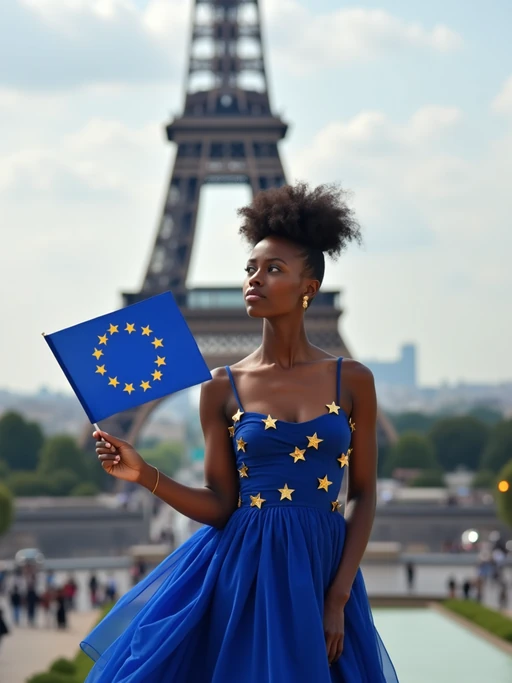 model in front of the iconic Eiffel Tower, wearing if(gender=f){an elegant blue dress with gold star accents} if(gender=m){a smart casual outfit with European blue scarf}, striking a proud pose with a small European flag, Paris cityscape creating a romantic, inspiring atmosphere