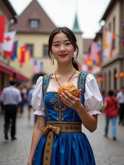 model in traditional European festival attire, if(gender=f){elegant dirndl in blue with gold star embroidery} if(gender=m){lederhosen with European blue vest and gold buttons}, holding a small European flag and traditional bread, standing proudly in a medieval town square decorated with flags of all European nations.