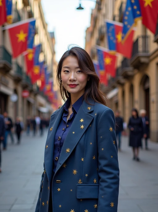 model on a Barcelona street decorated with European flags, wearing if(gender=f){a stylish blue and gold outfit with star patterns} if(gender=m){smart casual Mediterranean attire with European design elements}, Gaudi's architecture visible in the background, embodying modern European city style