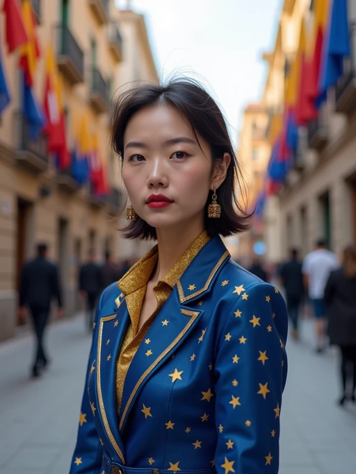 model on a Barcelona street decorated with European flags, wearing if(gender=f){a stylish blue and gold outfit with star patterns} if(gender=m){smart casual Mediterranean attire with European design elements}, Gaudi's architecture visible in the background, embodying modern European city style