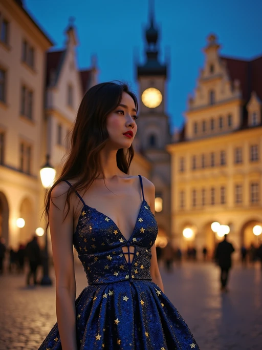 model in Prague's Old Town Square at night, surrounded by the iconic gothic architecture, wearing if(gender=f){a glamorous blue sequined dress with gold star patterns} if(gender=m){a stylish modern suit with European flag pocket square}, the historic astronomical clock and cobblestone streets creating a magical European atmosphere