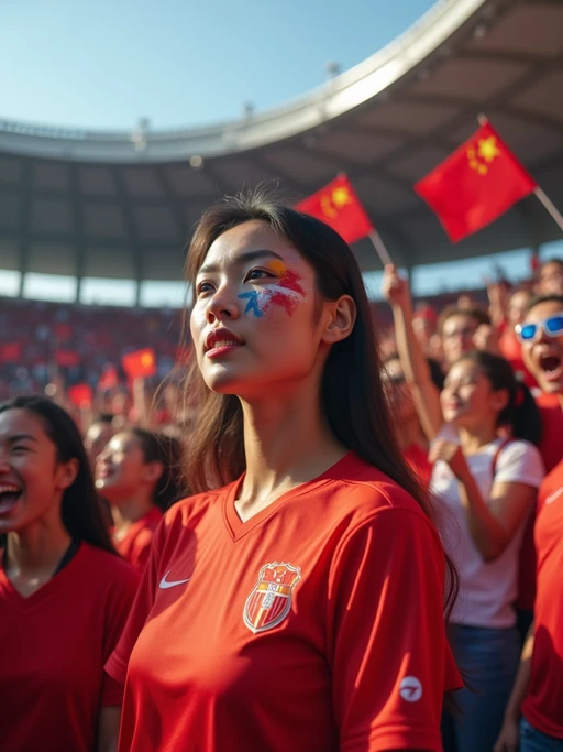 model at a Champions League football match in a historic stadium, wearing if(gender=f){team colors with European star face paint} if(gender=m){team jersey with European flag scarf}, surrounded by excited fans waving flags of different European nations, stadium decorated with European unity banners