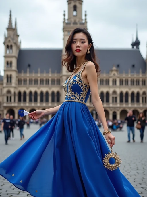 model in Brussels at the Grand Place, wearing if(gender=f){a flowing blue dress with gold star accessories} if(gender=m){a tailored suit with European flag tie}, holding a small European flag, the ornate historic buildings creating a picturesque European backdrop