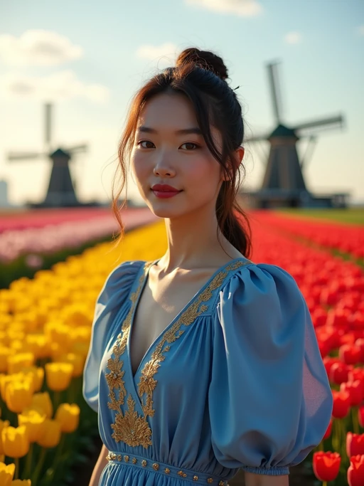 model confidently posed in Amsterdam during tulip season, surrounded by vibrant fields of blue, yellow, and red flowers. if(gender=f){She} if(gender=m){He} is dressed in classic Dutch-inspired clothes with European touches, adorned with if(gender=f){a blue dress with gold star embroidery} if(gender=m){a smart casual outfit with European flag pocket square}, traditional windmills visible in the background. The scene is enhanced by golden sunlight and a gentle breeze carrying flower petals.