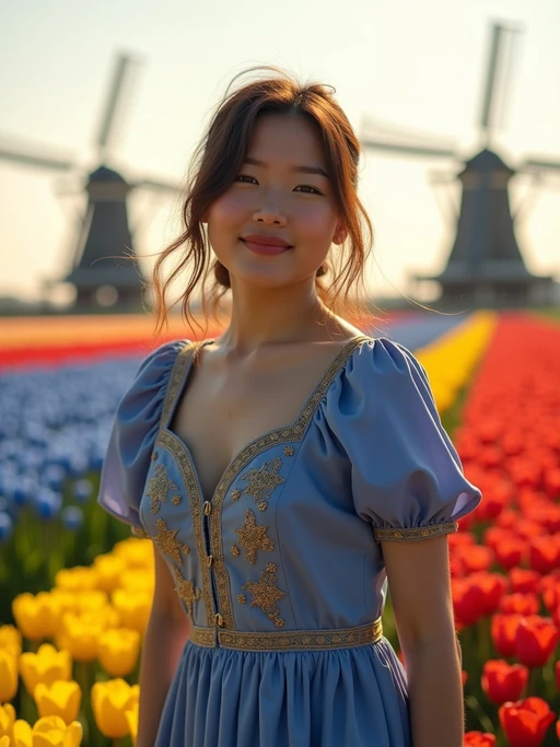 model confidently posed in Amsterdam during tulip season, surrounded by vibrant fields of blue, yellow, and red flowers. if(gender=f){She} if(gender=m){He} is dressed in classic Dutch-inspired clothes with European touches, adorned with if(gender=f){a blue dress with gold star embroidery} if(gender=m){a smart casual outfit with European flag pocket square}, traditional windmills visible in the background. The scene is enhanced by golden sunlight and a gentle breeze carrying flower petals.