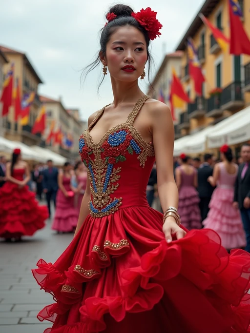 model at a Spanish flamenco festival, wearing if(gender=f){a vibrant red dress with blue and gold accessories} if(gender=m){a smart outfit with European blue tie}, surrounded by dancers and musicians, historic plaza decorated with European flags and flowers
