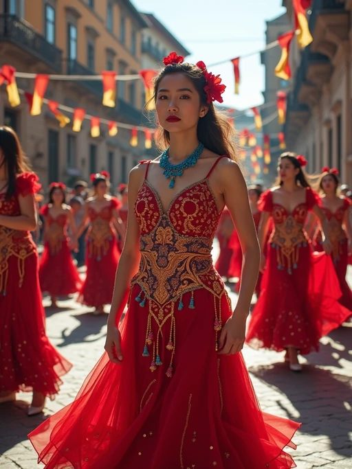 model at a Spanish flamenco festival, wearing if(gender=f){a vibrant red dress with blue and gold accessories} if(gender=m){a smart outfit with European blue tie}, surrounded by dancers and musicians, historic plaza decorated with European flags and flowers