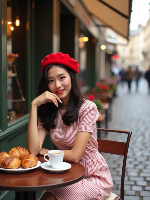 model at a classic Parisian café, seated at a charming outdoor table, wearing if(gender=f){a chic striped dress with red beret} if(gender=m){a sophisticated blazer with blue pocket square}, enjoying espresso and croissants, cobblestone streets and flower boxes creating an authentic European ambiance