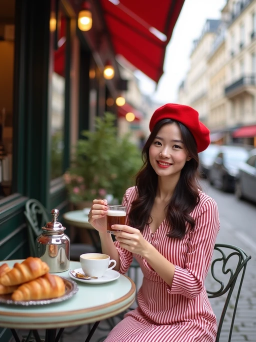 model at a classic Parisian café, seated at a charming outdoor table, wearing if(gender=f){a chic striped dress with red beret} if(gender=m){a sophisticated blazer with blue pocket square}, enjoying espresso and croissants, cobblestone streets and flower boxes creating an authentic European ambiance