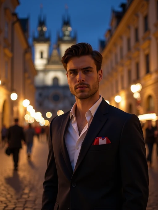 model in Prague's Old Town Square at night, surrounded by the iconic gothic architecture, wearing if(gender=f){a glamorous blue sequined dress with gold star patterns} if(gender=m){a stylish modern suit with European flag pocket square}, the historic astronomical clock and cobblestone streets creating a magical European atmosphere