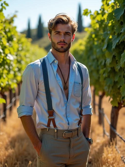 model in a rustic vineyard in Tuscany, wearing if(gender=f){a blue sundress with gold accessories} if(gender=m){casual elegant attire with European blue details}, standing beneath hanging grape vines, golden wheat fields and cypress trees visible in the background, embodying European rural charm
