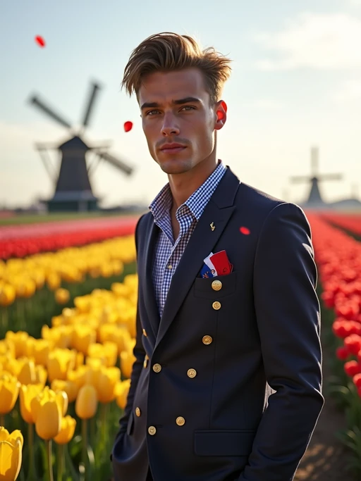 model confidently posed in Amsterdam during tulip season, surrounded by vibrant fields of blue, yellow, and red flowers. if(gender=f){She} if(gender=m){He} is dressed in classic Dutch-inspired clothes with European touches, adorned with if(gender=f){a blue dress with gold star embroidery} if(gender=m){a smart casual outfit with European flag pocket square}, traditional windmills visible in the background. The scene is enhanced by golden sunlight and a gentle breeze carrying flower petals.