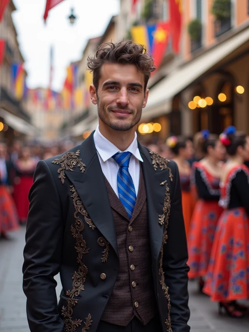 model at a Spanish flamenco festival, wearing if(gender=f){a vibrant red dress with blue and gold accessories} if(gender=m){a smart outfit with European blue tie}, surrounded by dancers and musicians, historic plaza decorated with European flags and flowers