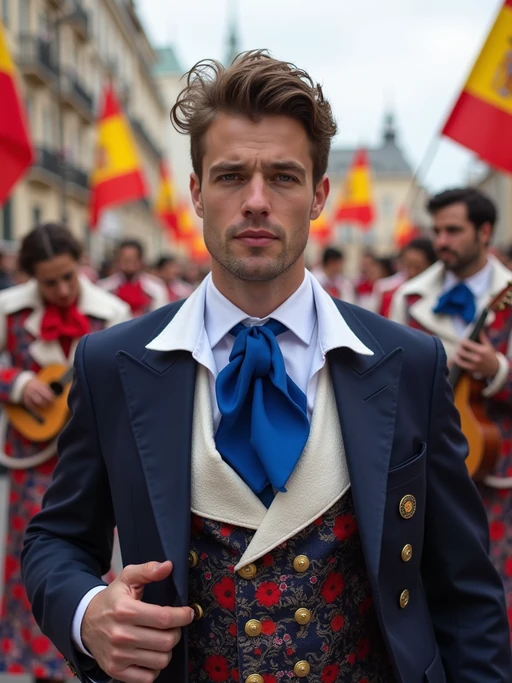 model at a Spanish flamenco festival, wearing if(gender=f){a vibrant red dress with blue and gold accessories} if(gender=m){a smart outfit with European blue tie}, surrounded by dancers and musicians, historic plaza decorated with European flags and flowers