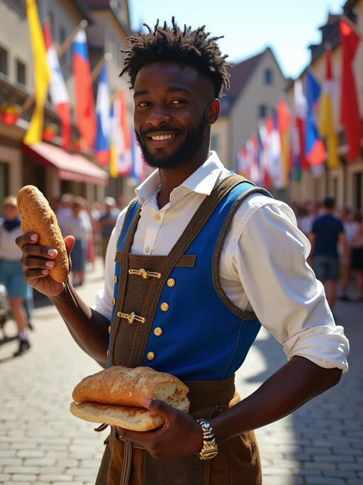 model in traditional European festival attire, if(gender=f){elegant dirndl in blue with gold star embroidery} if(gender=m){lederhosen with European blue vest and gold buttons}, holding a small European flag and traditional bread, standing proudly in a medieval town square decorated with flags of all European nations.