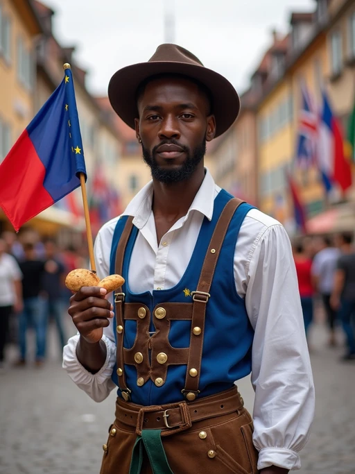 model in traditional European festival attire, if(gender=f){elegant dirndl in blue with gold star embroidery} if(gender=m){lederhosen with European blue vest and gold buttons}, holding a small European flag and traditional bread, standing proudly in a medieval town square decorated with flags of all European nations.