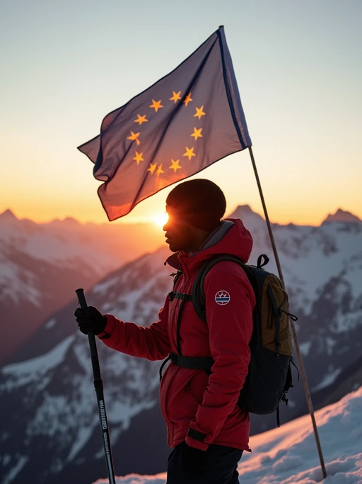model at the Swiss Alps at sunset, wearing if(gender=f){hiking attire with European flag bandana, blue backpack with gold stars} if(gender=m){outdoor gear with European flag patches}, proudly holding a European flag high, the majestic mountains stretching behind