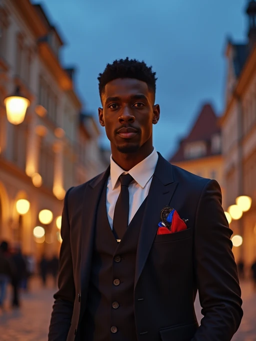 model in Prague's Old Town Square at night, surrounded by the iconic gothic architecture, wearing if(gender=f){a glamorous blue sequined dress with gold star patterns} if(gender=m){a stylish modern suit with European flag pocket square}, the historic astronomical clock and cobblestone streets creating a magical European atmosphere