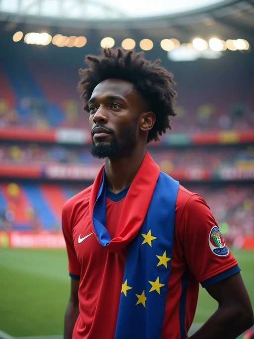 model at a Champions League football match in a historic stadium, wearing if(gender=f){team colors with European star face paint} if(gender=m){team jersey with European flag scarf}, surrounded by excited fans waving flags of different European nations, stadium decorated with European unity banners
