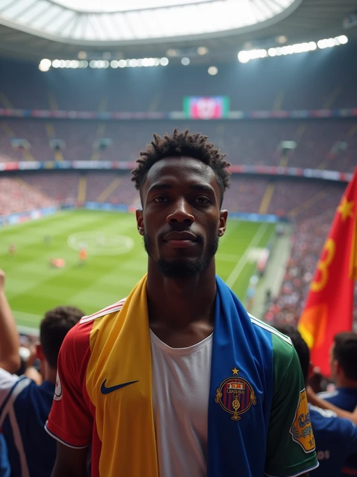 model at a Champions League football match in a historic stadium, wearing if(gender=f){team colors with European star face paint} if(gender=m){team jersey with European flag scarf}, surrounded by excited fans waving flags of different European nations, stadium decorated with European unity banners