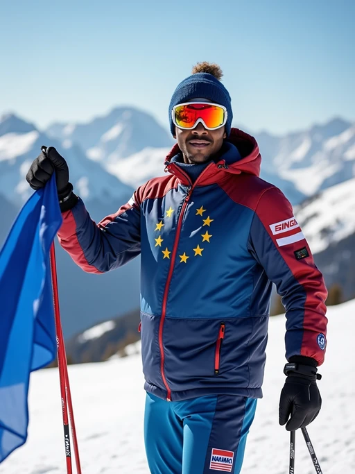 model at an Alpine ski resort, wearing if(gender=f){a stylish blue ski jacket with gold star details and white pants} if(gender=m){a European-themed ski outfit with flag patches}, holding ski poles and a small European flag, majestic snow-capped mountains stretching behind