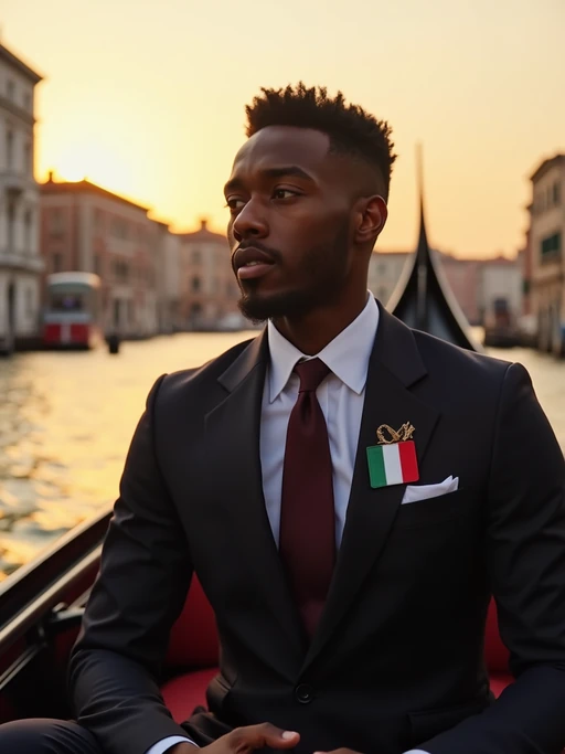 model on a Venice gondola at sunset, Grand Canal in the background, wearing if(gender=f){a glamorous blue evening gown with gold star accessories} if(gender=m){a sharp Italian suit with European flag pin}, the golden light illuminating if(gender=f){her} if(gender=m){his} face, historic buildings and bridges creating a timeless European scene
