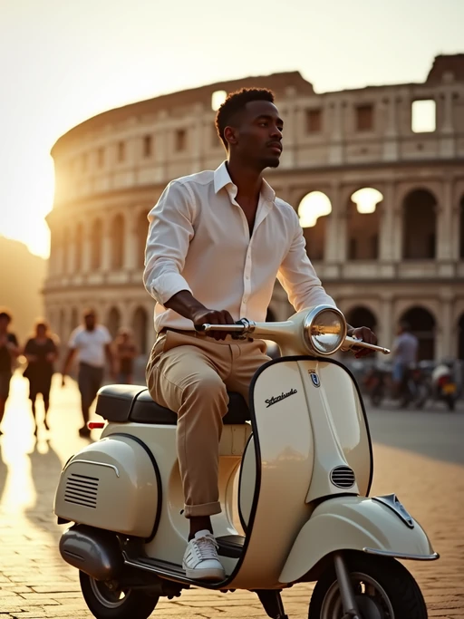model on a vintage Vespa scooter in Rome, wearing if(gender=f){a flowing sundress with European flag colors} if(gender=m){a stylish linen shirt and tailored pants}, the Colosseum visible in the background, golden hour sunlight creating a warm Mediterranean glow