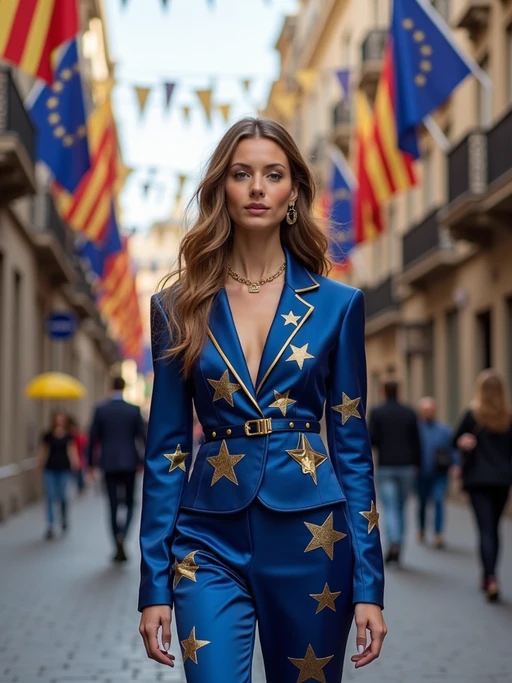 model on a Barcelona street decorated with European flags, wearing if(gender=f){a stylish blue and gold outfit with star patterns} if(gender=m){smart casual Mediterranean attire with European design elements}, Gaudi's architecture visible in the background, embodying modern European city style