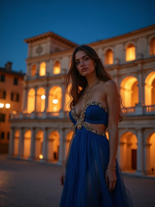 model at an outdoor opera in Verona's ancient Roman arena, wearing if(gender=f){a sophisticated blue evening gown with gold accessories} if(gender=m){a classic tuxedo with European blue bow tie}, under a starry Mediterranean night sky, surrounded by historic architecture illuminated by warm lights