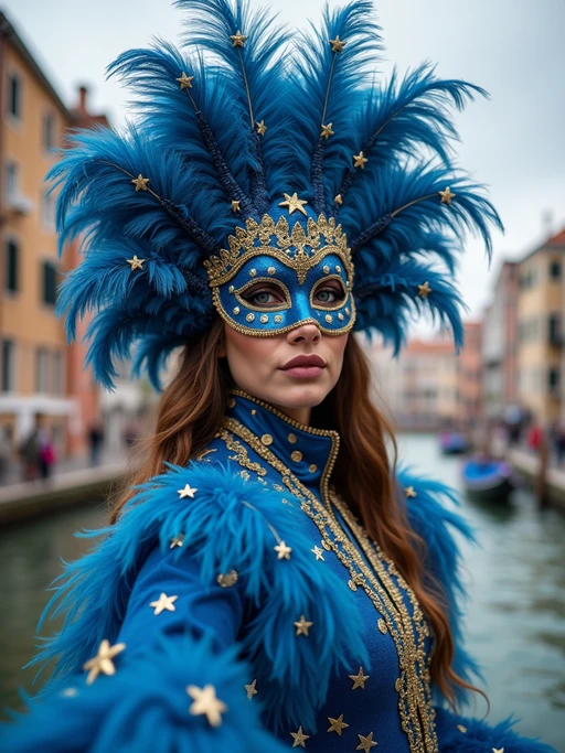 model at Carnival in Venice, wearing if(gender=f){a dazzling blue and gold masquerade outfit with star-spangled feathers} if(gender=m){an elegant costume with European colors and gold mask}, surrounded by historic architecture and canals, embodying European cultural tradition