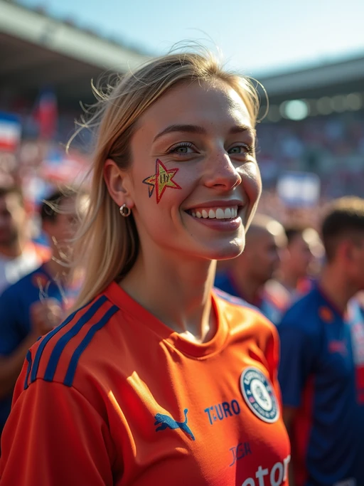 model at a Champions League football match in a historic stadium, wearing if(gender=f){team colors with European star face paint} if(gender=m){team jersey with European flag scarf}, surrounded by excited fans waving flags of different European nations, stadium decorated with European unity banners