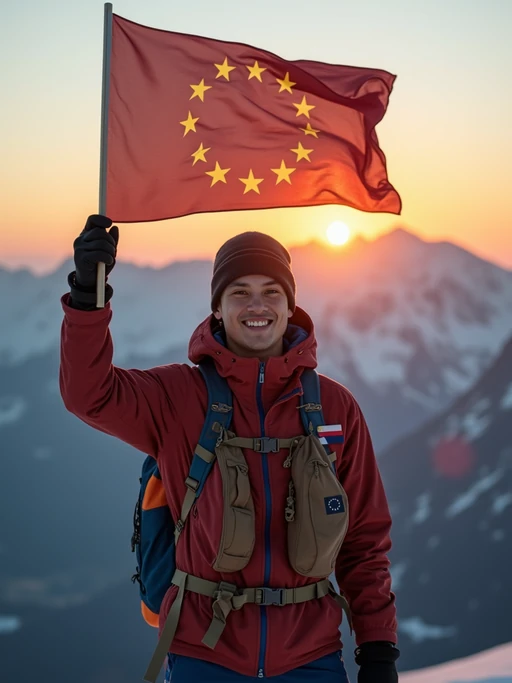 model at the Swiss Alps at sunset, wearing if(gender=f){hiking attire with European flag bandana, blue backpack with gold stars} if(gender=m){outdoor gear with European flag patches}, proudly holding a European flag high, the majestic mountains stretching behind
