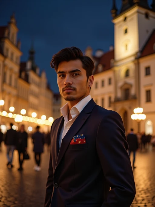 model in Prague's Old Town Square at night, surrounded by the iconic gothic architecture, wearing if(gender=f){a glamorous blue sequined dress with gold star patterns} if(gender=m){a stylish modern suit with European flag pocket square}, the historic astronomical clock and cobblestone streets creating a magical European atmosphere