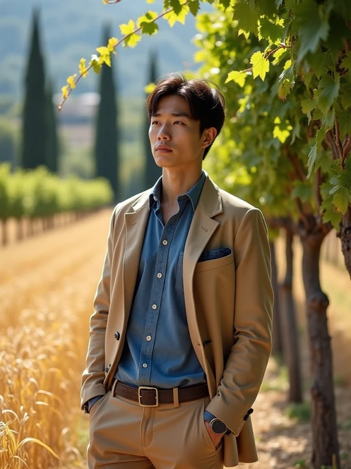model in a rustic vineyard in Tuscany, wearing if(gender=f){a blue sundress with gold accessories} if(gender=m){casual elegant attire with European blue details}, standing beneath hanging grape vines, golden wheat fields and cypress trees visible in the background, embodying European rural charm