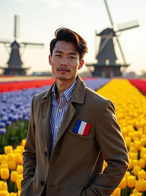 model confidently posed in Amsterdam during tulip season, surrounded by vibrant fields of blue, yellow, and red flowers. if(gender=f){She} if(gender=m){He} is dressed in classic Dutch-inspired clothes with European touches, adorned with if(gender=f){a blue dress with gold star embroidery} if(gender=m){a smart casual outfit with European flag pocket square}, traditional windmills visible in the background. The scene is enhanced by golden sunlight and a gentle breeze carrying flower petals.