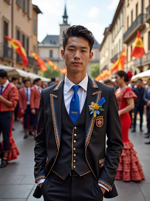 model at a Spanish flamenco festival, wearing if(gender=f){a vibrant red dress with blue and gold accessories} if(gender=m){a smart outfit with European blue tie}, surrounded by dancers and musicians, historic plaza decorated with European flags and flowers