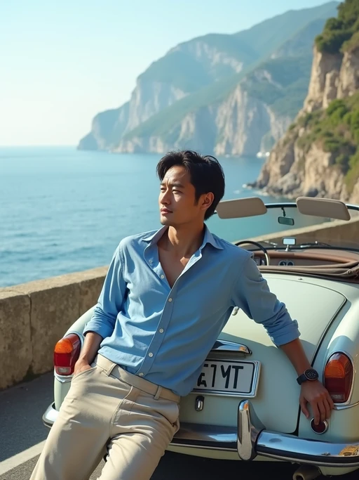 model on a classic European road trip, leaning against a vintage convertible on a coastal road in Amalfi, wearing if(gender=f){a blue and white sundress with star accessories} if(gender=m){linen pants and a blue shirt with rolled sleeves}, Mediterranean Sea stretching behind, embodying freedom and European adventure