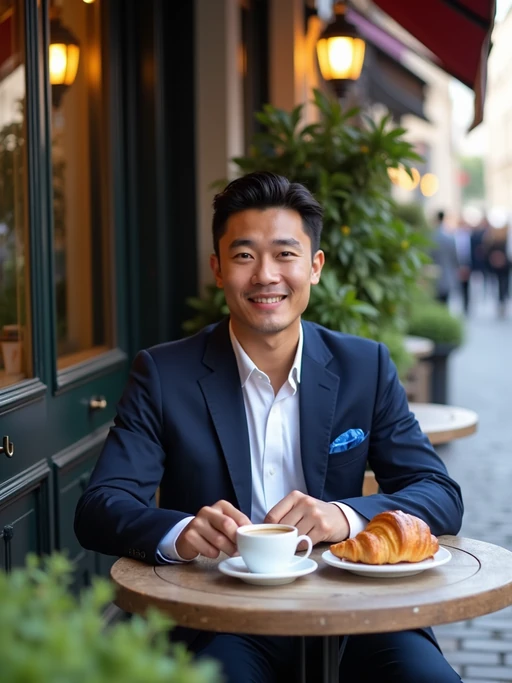 model at a classic Parisian café, seated at a charming outdoor table, wearing if(gender=f){a chic striped dress with red beret} if(gender=m){a sophisticated blazer with blue pocket square}, enjoying espresso and croissants, cobblestone streets and flower boxes creating an authentic European ambiance
