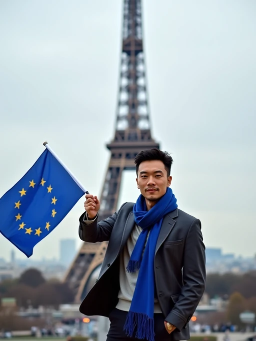 model in front of the iconic Eiffel Tower, wearing if(gender=f){an elegant blue dress with gold star accents} if(gender=m){a smart casual outfit with European blue scarf}, striking a proud pose with a small European flag, Paris cityscape creating a romantic, inspiring atmosphere