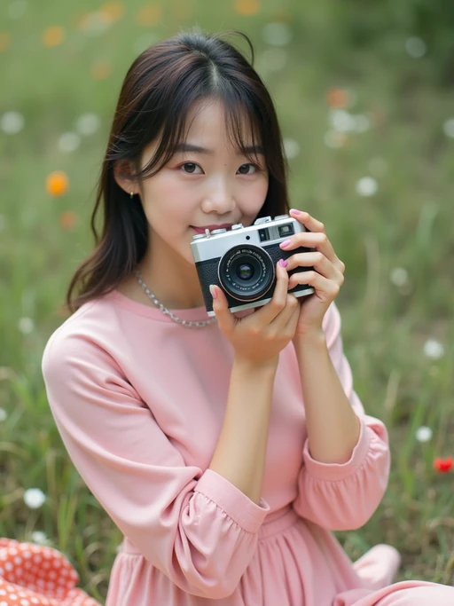 model with Polaroid camera in hand taking picnic photos, wearing if(gender=f){a soft pink crop top and skirt set} if(gender=m){a pink graphic tee and relaxed fit jeans}, candid vibe with playful birthday energy
