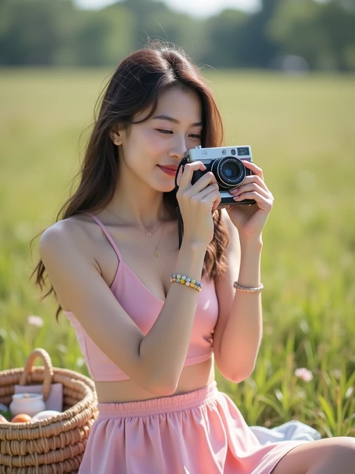 model with Polaroid camera in hand taking picnic photos, wearing if(gender=f){a soft pink crop top and skirt set} if(gender=m){a pink graphic tee and relaxed fit jeans}, candid vibe with playful birthday energy