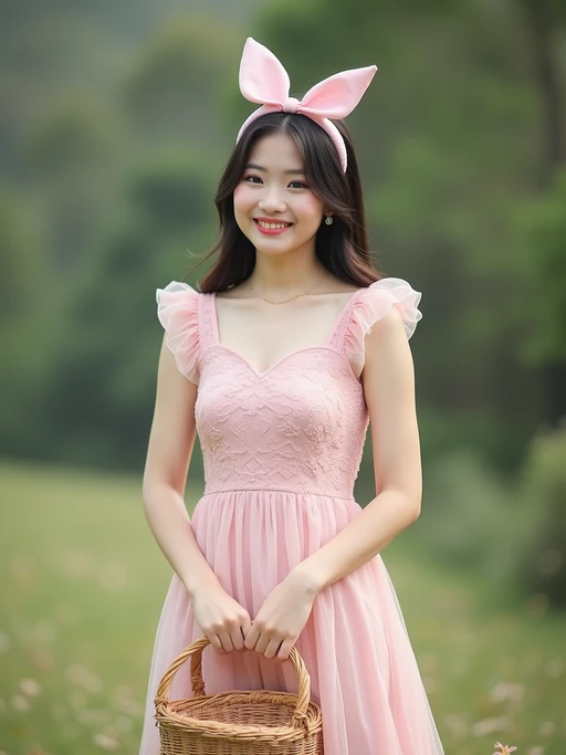 model standing with a picnic basket in hand, wearing if(gender=f){a pastel pink sundress with a bow headband} if(gender=m){a dusty rose shirt and cream shorts}, natural background, styled like a vintage birthday postcard
