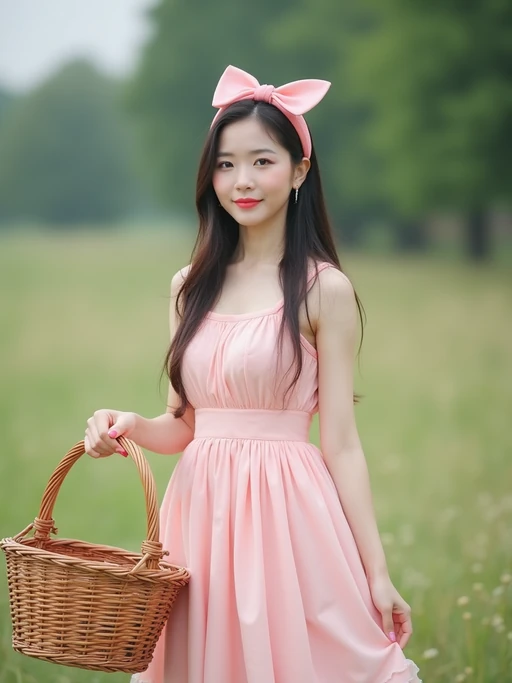 model standing with a picnic basket in hand, wearing if(gender=f){a pastel pink sundress with a bow headband} if(gender=m){a dusty rose shirt and cream shorts}, natural background, styled like a vintage birthday postcard