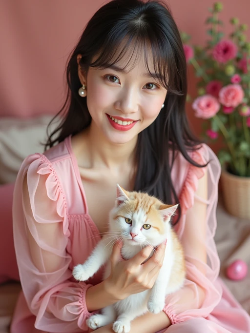 model holding a cat or pet on their lap, wearing if(gender=f){a cute pink dress with pearl earrings} if(gender=m){a pink hoodie and rolled-up chinos}, surrounded by picnic decor, soft pink theme