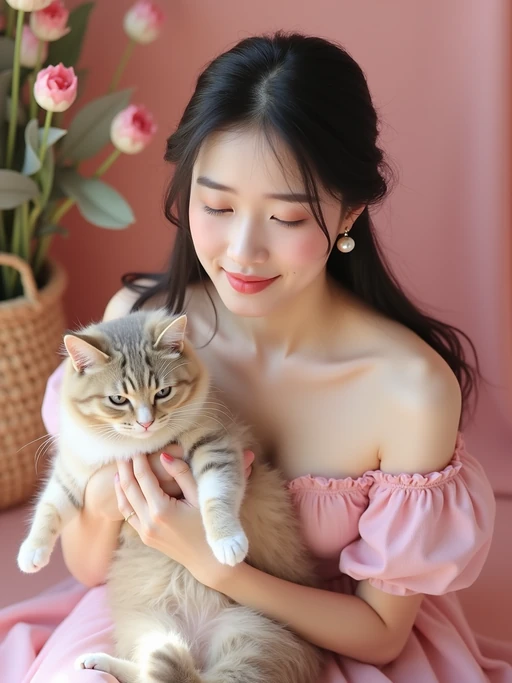 model holding a cat or pet on their lap, wearing if(gender=f){a cute pink dress with pearl earrings} if(gender=m){a pink hoodie and rolled-up chinos}, surrounded by picnic decor, soft pink theme