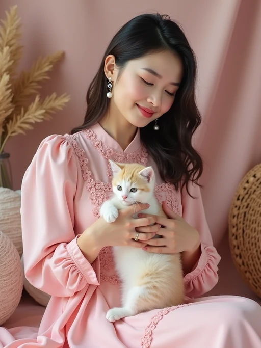 model holding a cat or pet on their lap, wearing if(gender=f){a cute pink dress with pearl earrings} if(gender=m){a pink hoodie and rolled-up chinos}, surrounded by picnic decor, soft pink theme